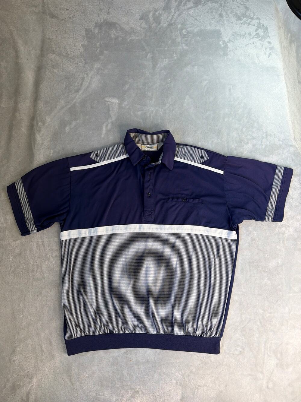 Vintage Palmland Knit Polo Shirt Men Large Navy Blue Striped Banded Bottom Retro